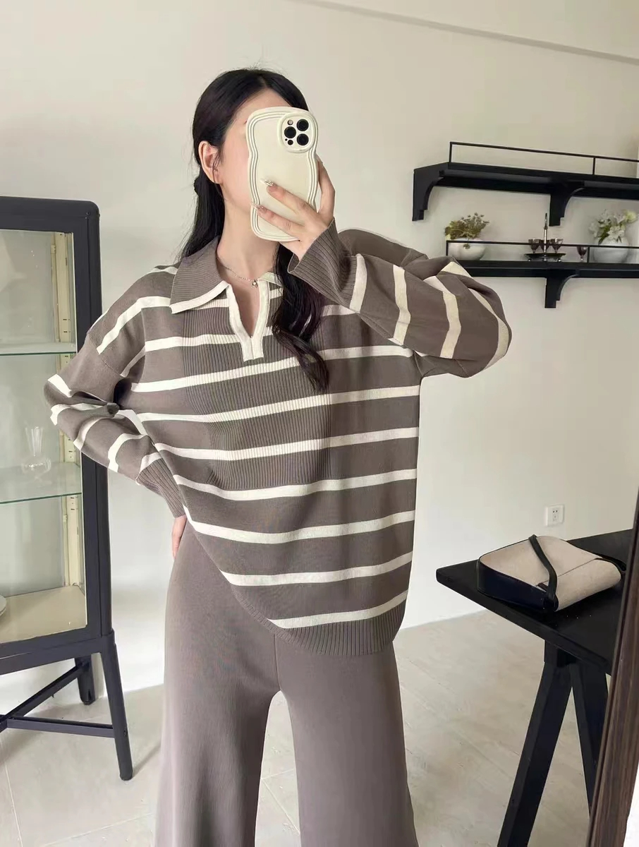 Weekend School Daily Women's Classic Style Stripe Solid Color Spandex Polyester Knit Elastic Waist Washed Rib-Knit Pants Sets Pants Sets display picture 12