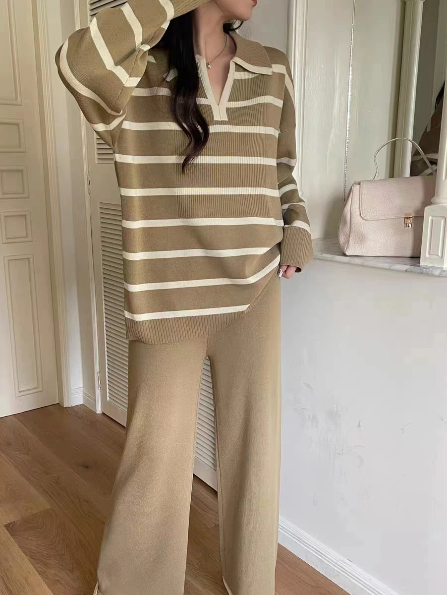 Weekend School Daily Women's Classic Style Stripe Solid Color Spandex Polyester Knit Elastic Waist Washed Rib-Knit Pants Sets Pants Sets display picture 11