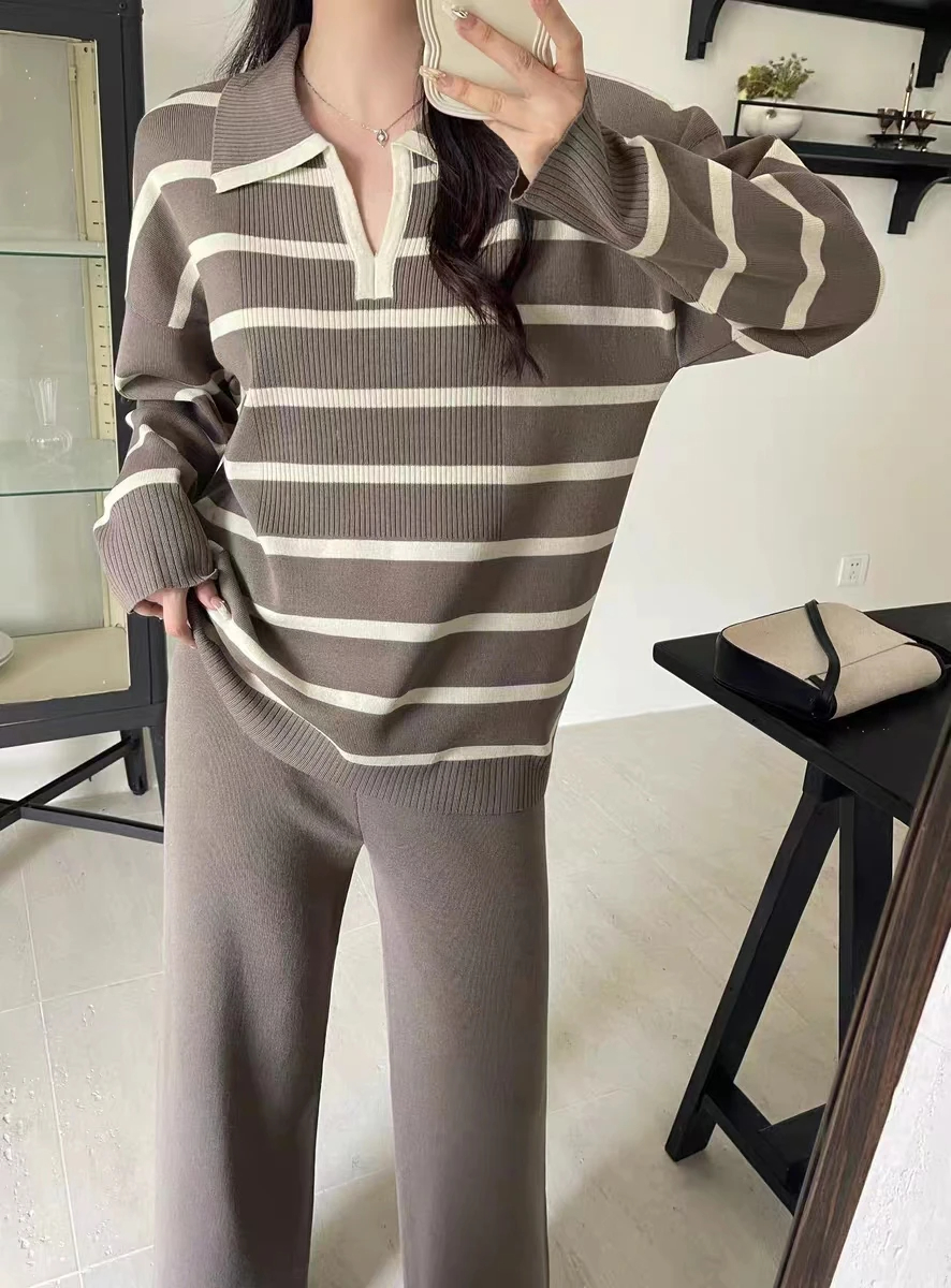 Weekend School Daily Women's Classic Style Stripe Solid Color Spandex Polyester Knit Elastic Waist Washed Rib-Knit Pants Sets Pants Sets display picture 14