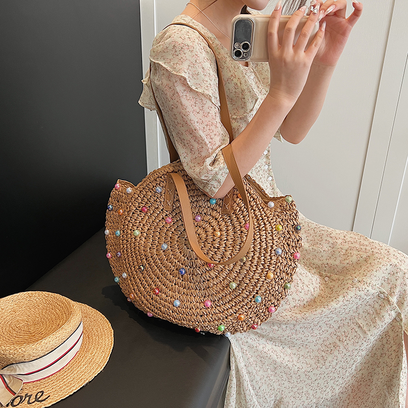 Women's Medium Straw Solid Color Vacation Beach Weave Zipper Shoulder Bag Tote Bag Straw Bag display picture 2