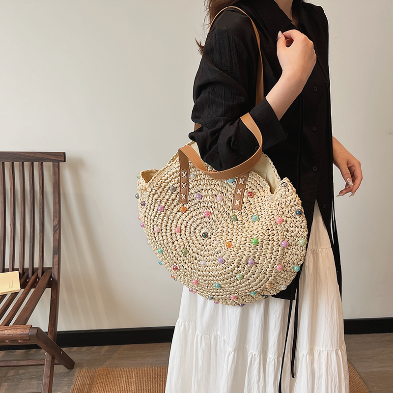 Women's Medium Straw Solid Color Vacation Beach Weave Zipper Shoulder Bag Tote Bag Straw Bag display picture 7