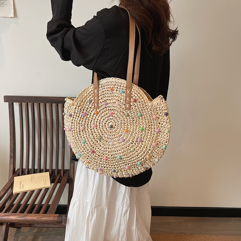 Women's Medium Straw Solid Color Vacation Beach Weave Zipper Shoulder Bag Tote Bag Straw Bag display picture 4