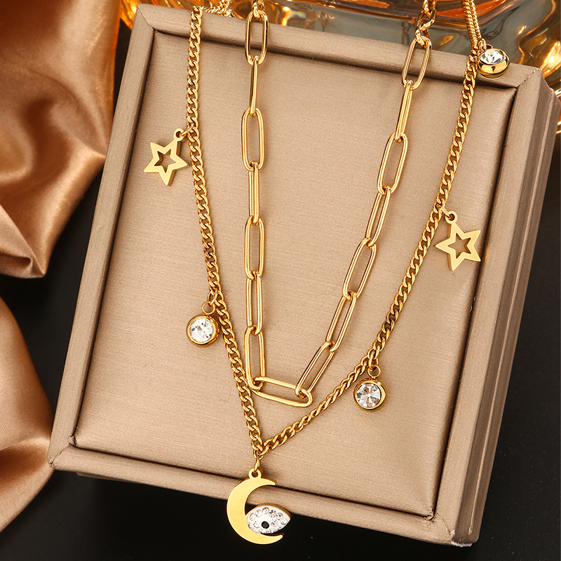 316L Stainless Steel  18K Gold Plated Vintage Style Commute Plating Inlay Devil's Eye Star Moon Turquoise Rhinestones Layered Necklaces display picture 3