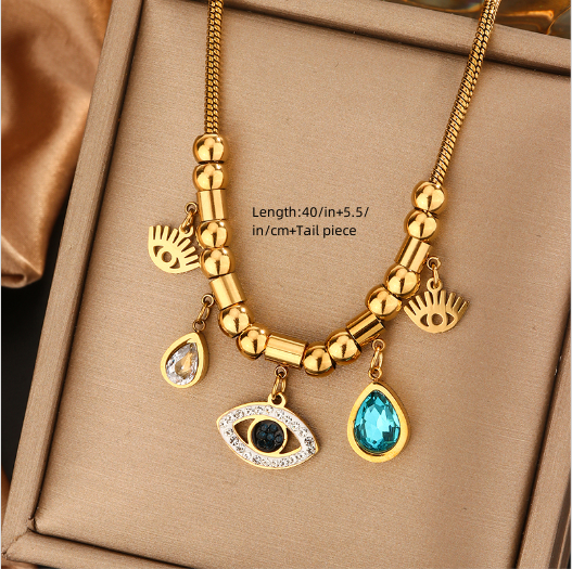 316L Stainless Steel  18K Gold Plated Vintage Style Commute Plating Inlay Devil's Eye Star Moon Turquoise Rhinestones Layered Necklaces display picture 2