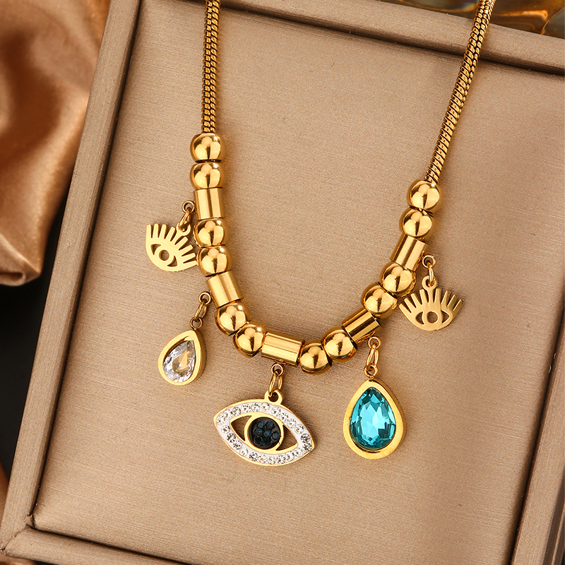 316L Stainless Steel  18K Gold Plated Vintage Style Commute Plating Inlay Devil's Eye Star Moon Turquoise Rhinestones Layered Necklaces display picture 11