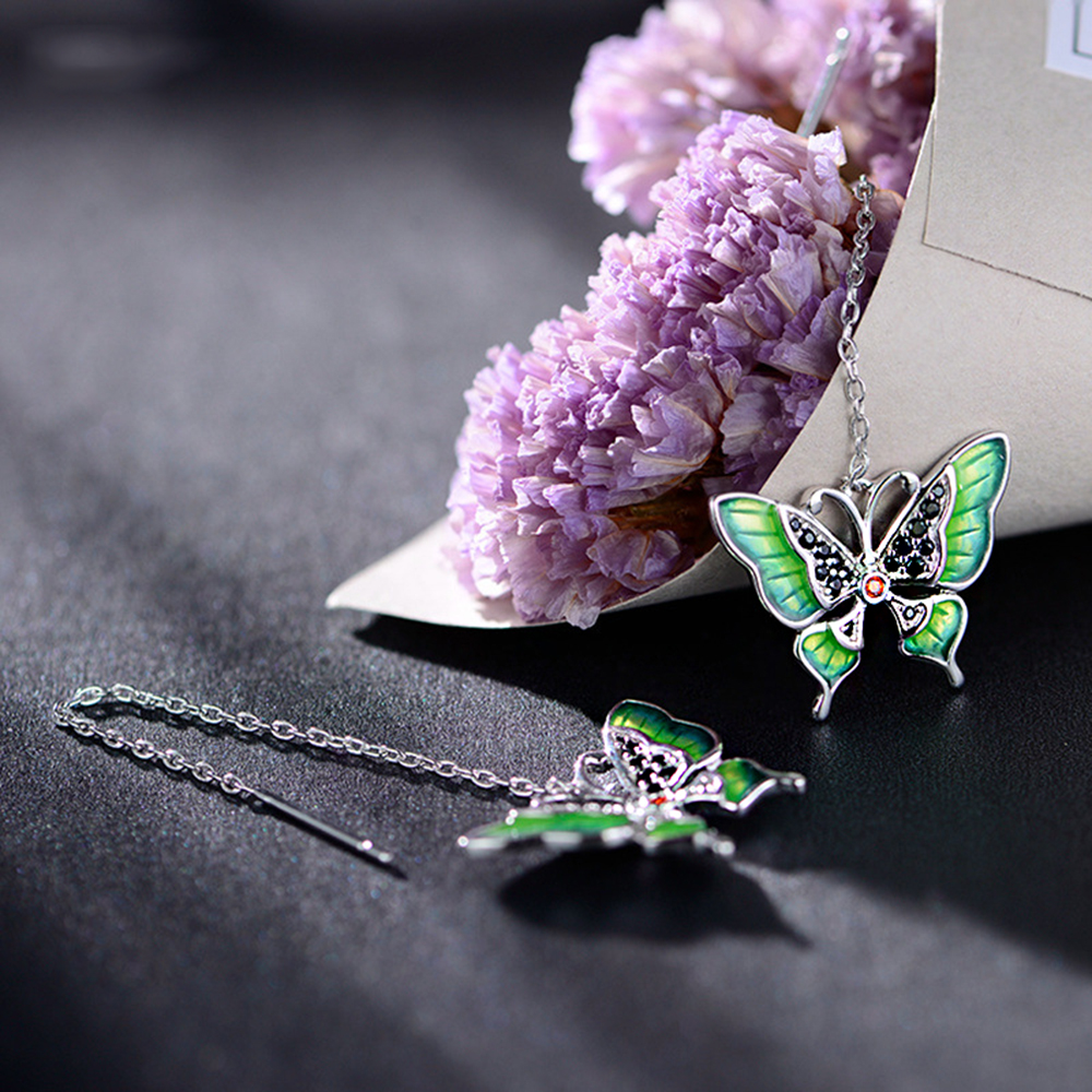 1 Pair Elegant Sweet Pastoral Butterfly Enamel Plating Inlay Sterling Silver Zircon Rhodium Plated Drop Earrings display picture 1