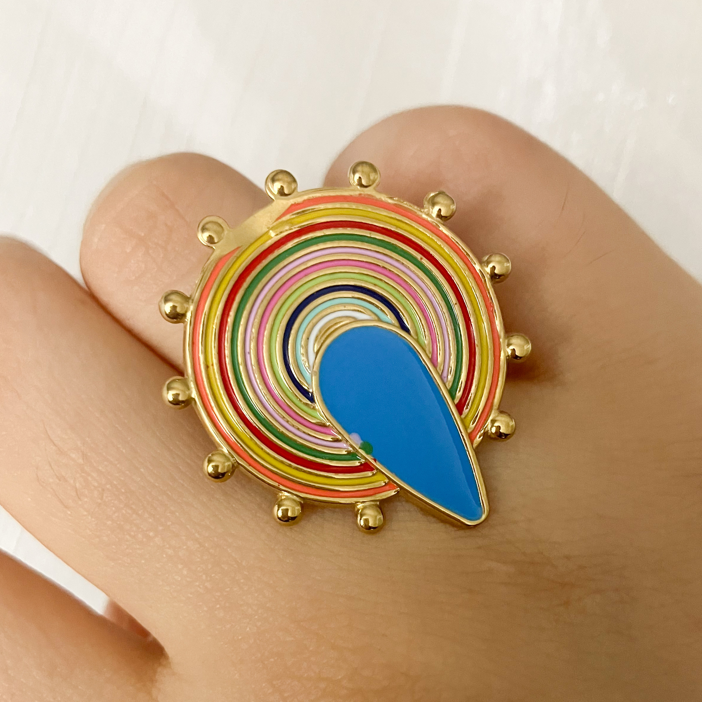 304 Stainless Steel Gold Plated Modern Style Sweet Asymmetrical Enamel Plating Round Water Droplets Turquoise Open Rings display picture 3