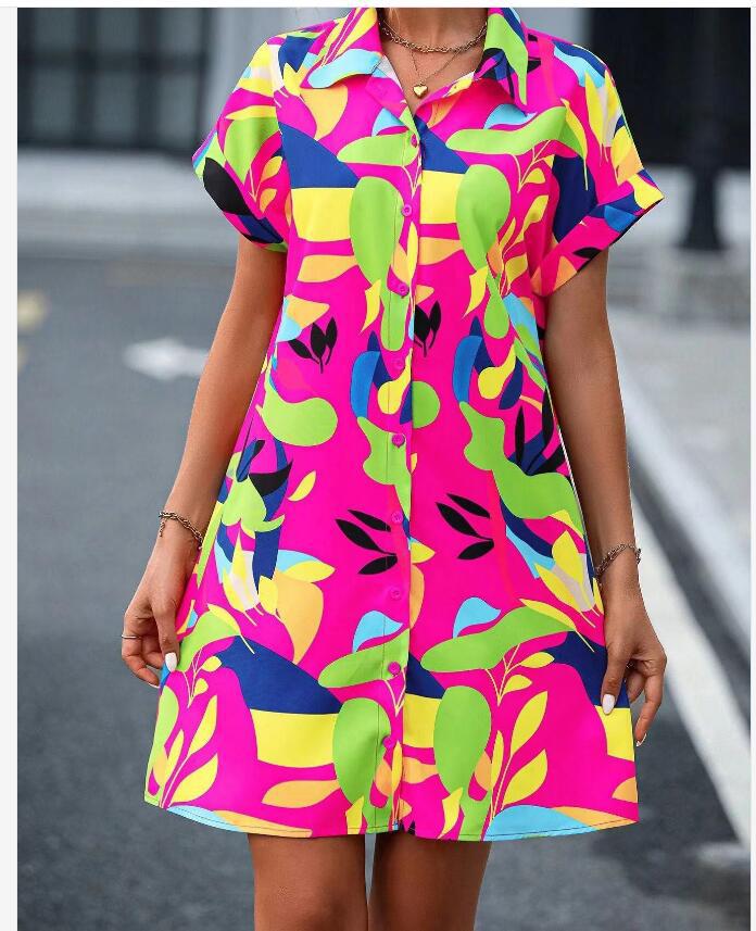 Women's Regular Dress Streetwear Shirt Collar Printing Button Short Sleeve Geometric Knee-Length Holiday Daily display picture 1
