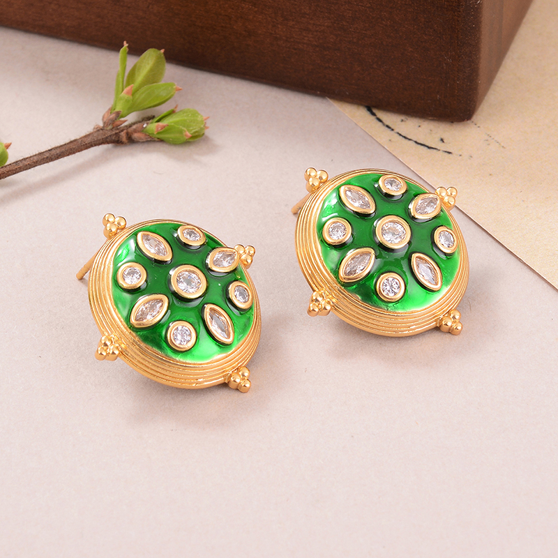 1 Pair IG Style Vintage Style French Style Tortoise Round Inlay Copper Zircon Medieval Gold Ear Studs display picture 3