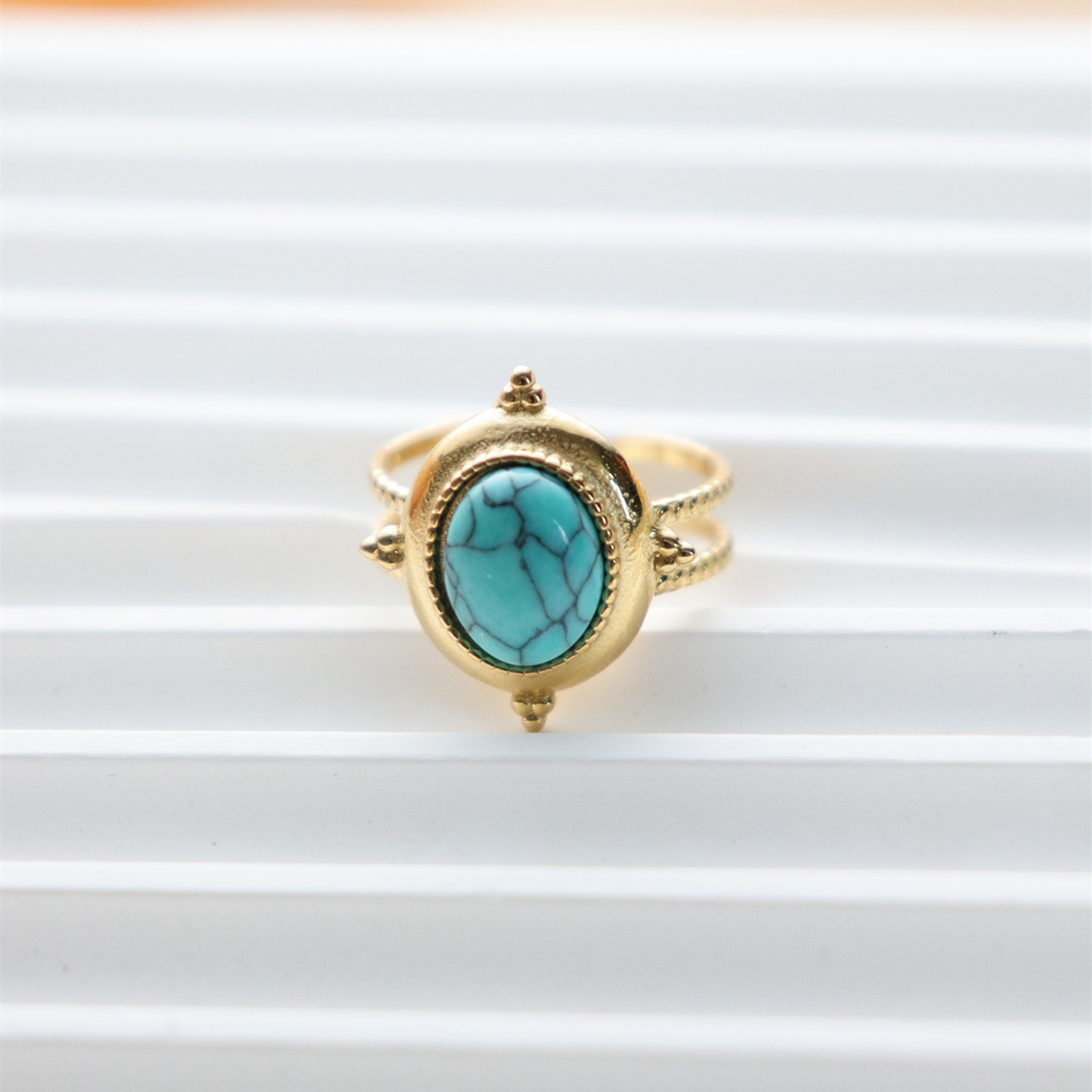 304 Stainless Steel 18K Gold Plated Vintage Style Inlay Sun Oval Eye Natural Stone Open Rings display picture 4