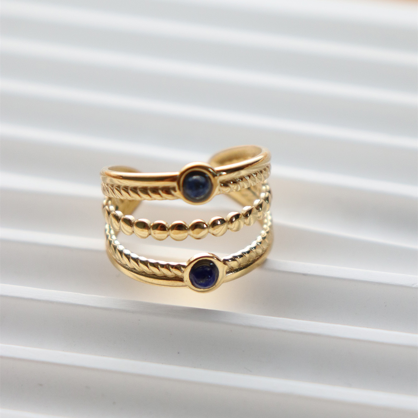 304 Stainless Steel 18K Gold Plated Vintage Style Inlay Sun Oval Eye Natural Stone Open Rings display picture 16