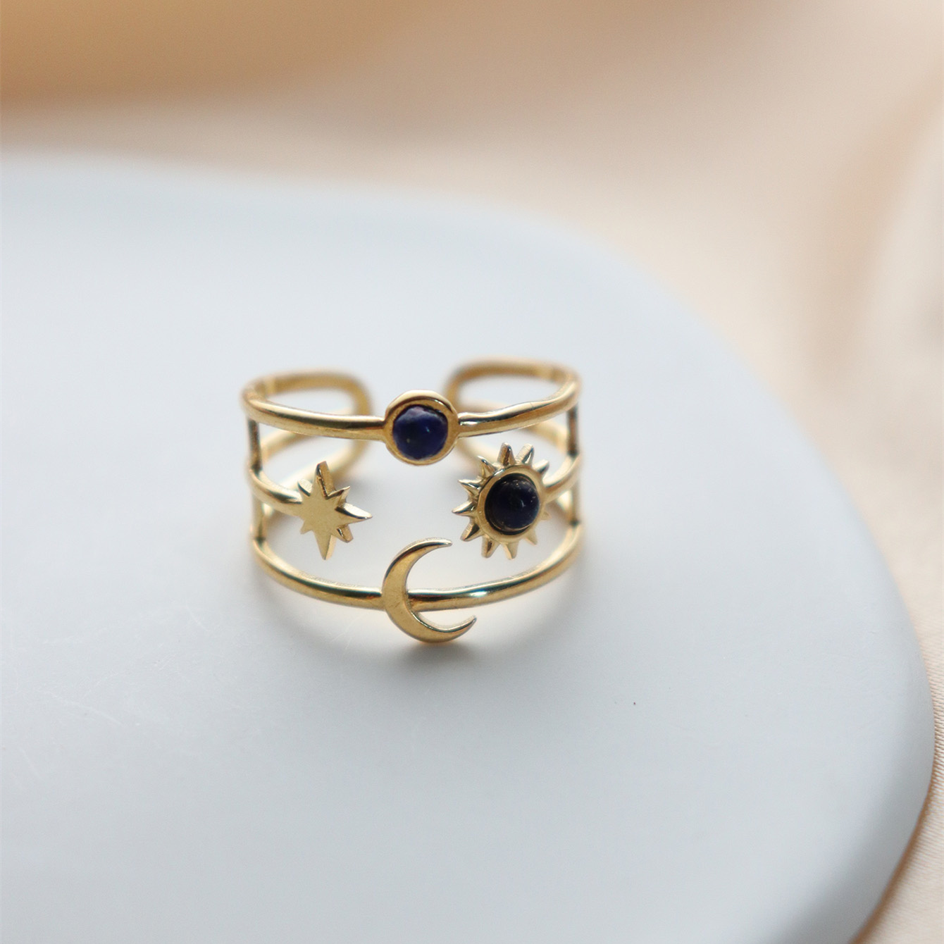 304 Stainless Steel 18K Gold Plated Vintage Style Inlay Sun Oval Eye Natural Stone Open Rings display picture 20