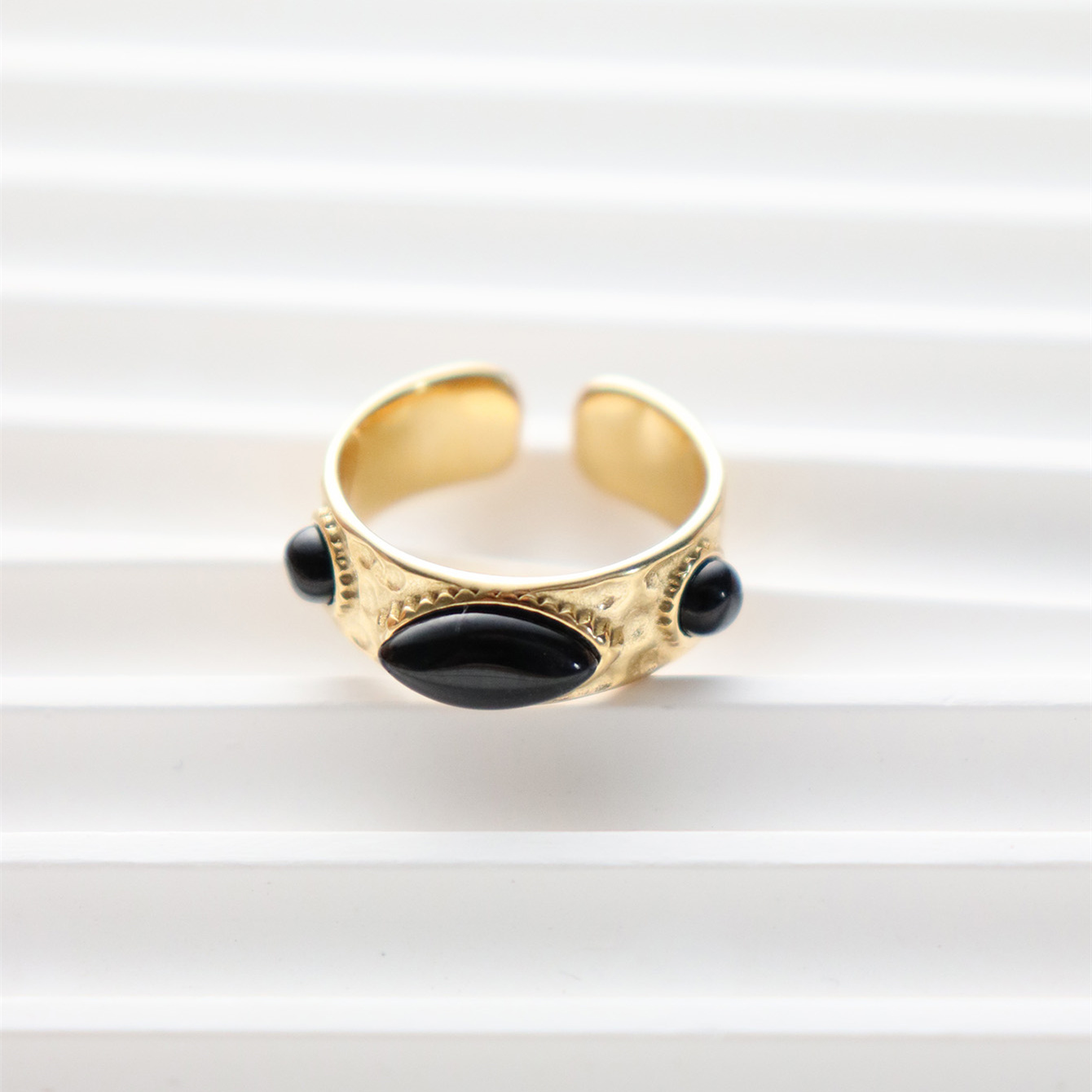 304 Stainless Steel 18K Gold Plated Vintage Style Inlay Sun Oval Eye Natural Stone Open Rings display picture 28