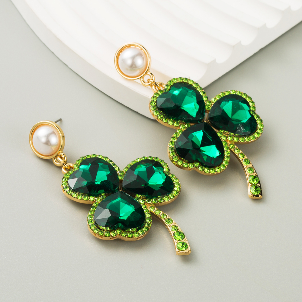 1 Pair Casual Exaggerated Vacation Shamrock Inlay Alloy Rhinestones Glass Pearl 18K Gold Plated Drop Earrings display picture 3