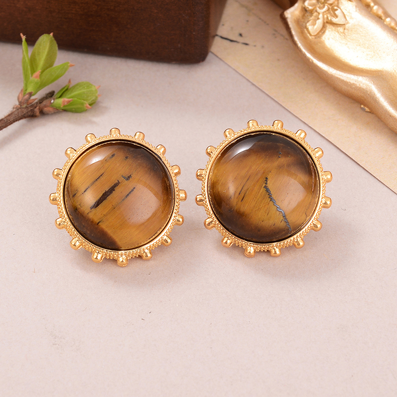 1 Pair Classical French Style Round Stripe Plating Inlay Alloy Agate Tiger Eye Ear Studs display picture 5