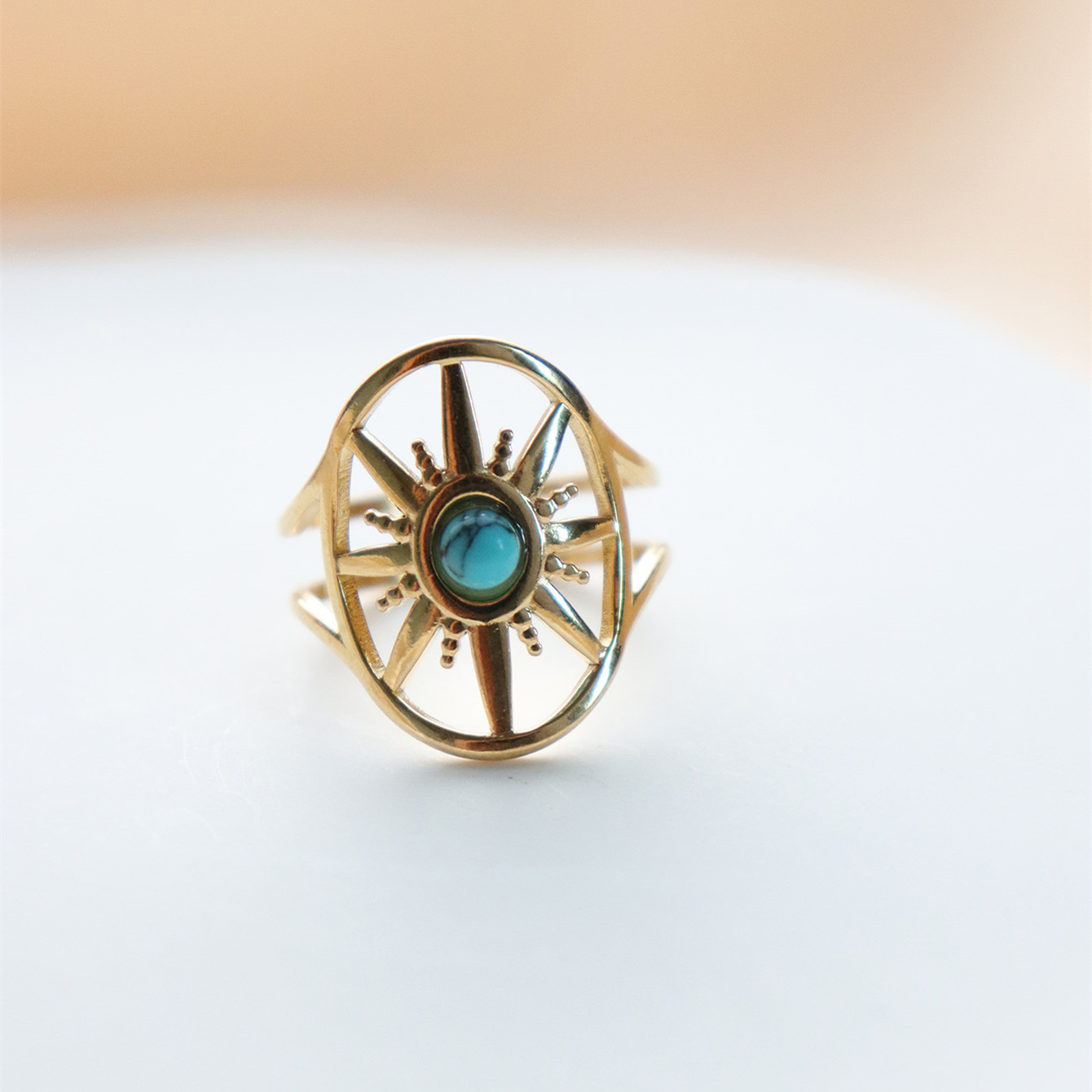 304 Stainless Steel 18K Gold Plated Vintage Style Inlay Sun Oval Eye Natural Stone Open Rings display picture 13
