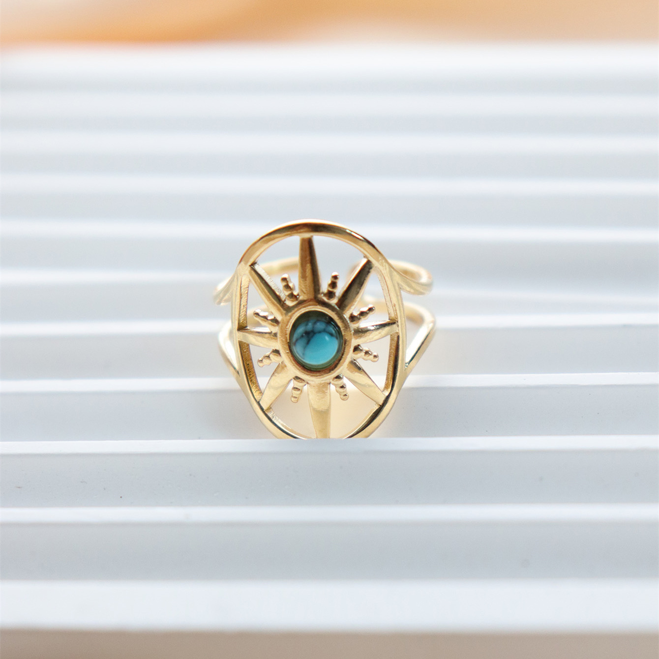 304 Stainless Steel 18K Gold Plated Vintage Style Inlay Sun Oval Eye Natural Stone Open Rings display picture 14