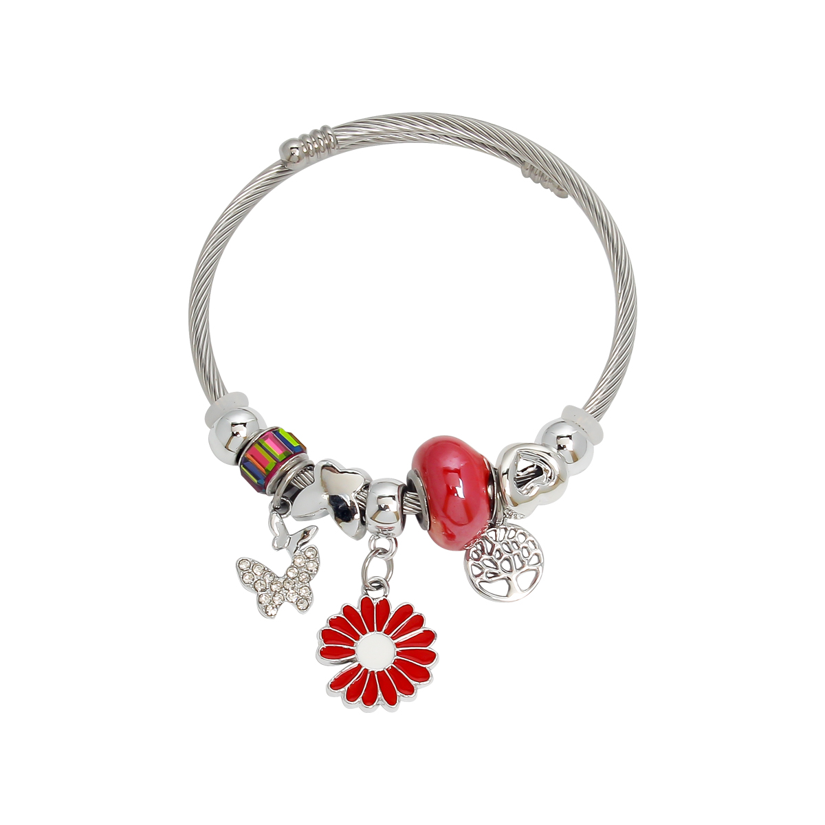 304 Stainless Steel Lady Modern Style Sweet Beaded Life Tree Butterfly Daisy Bangle display picture 2