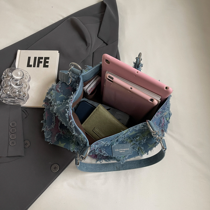 Women's Large Denim Star Gradient Color Streetwear Sewing Thread Zipper Tote Bag display picture 2
