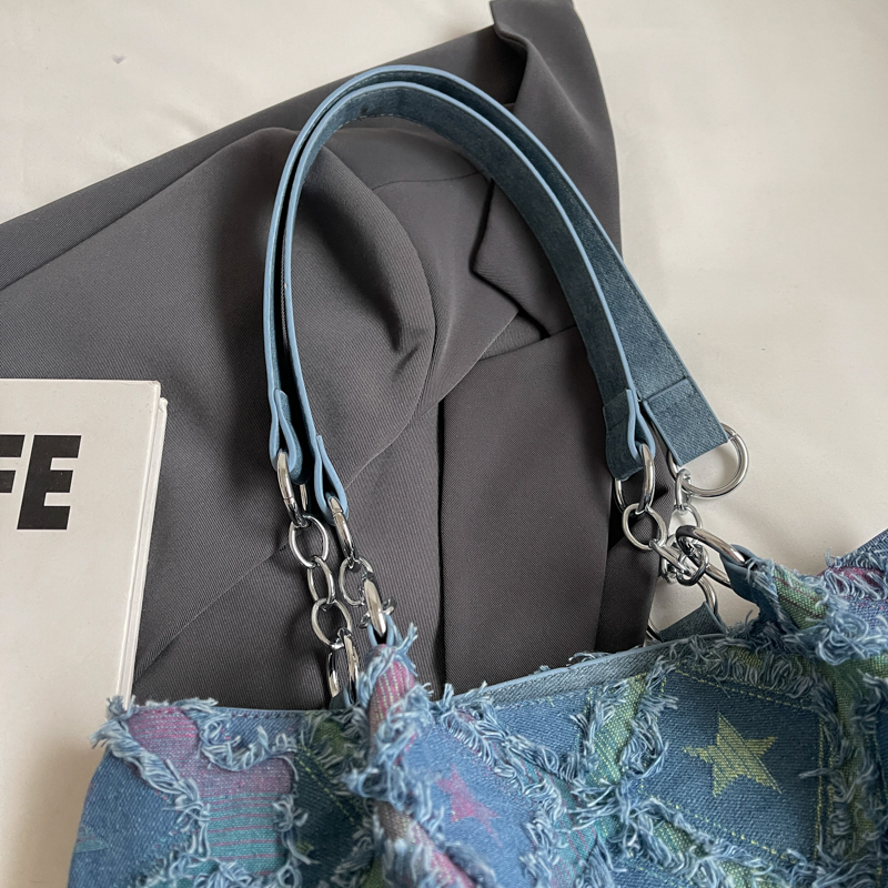 Women's Large Denim Star Gradient Color Streetwear Sewing Thread Zipper Tote Bag display picture 3