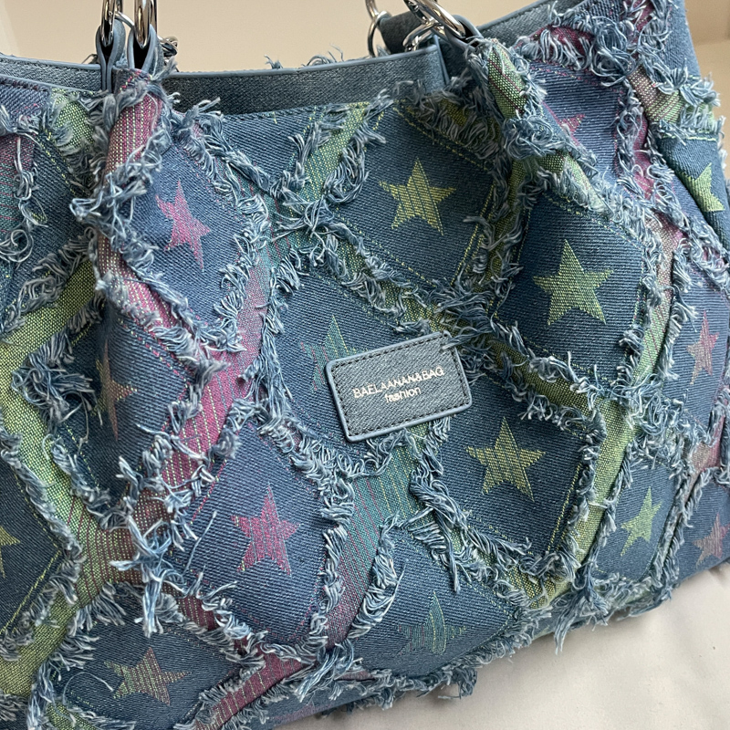Women's Large Denim Star Gradient Color Streetwear Sewing Thread Zipper Tote Bag display picture 4