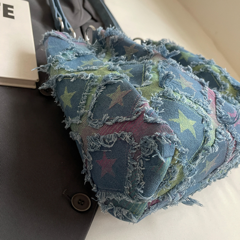 Women's Large Denim Star Gradient Color Streetwear Sewing Thread Zipper Tote Bag display picture 7