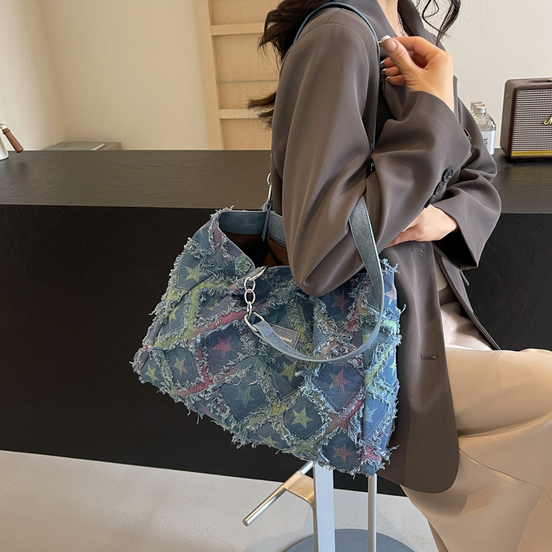 Women's Large Denim Star Gradient Color Streetwear Sewing Thread Zipper Tote Bag display picture 13