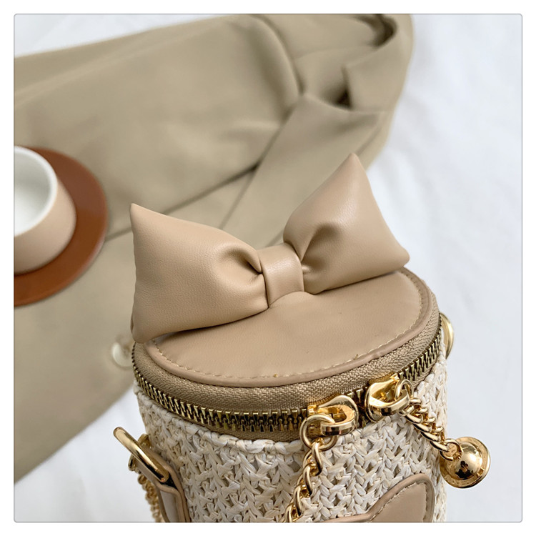 Women's Small Straw Heart Shape Solid Color Cute Basic Bowknot Cylindrical Zipper Crossbody Bag display picture 4