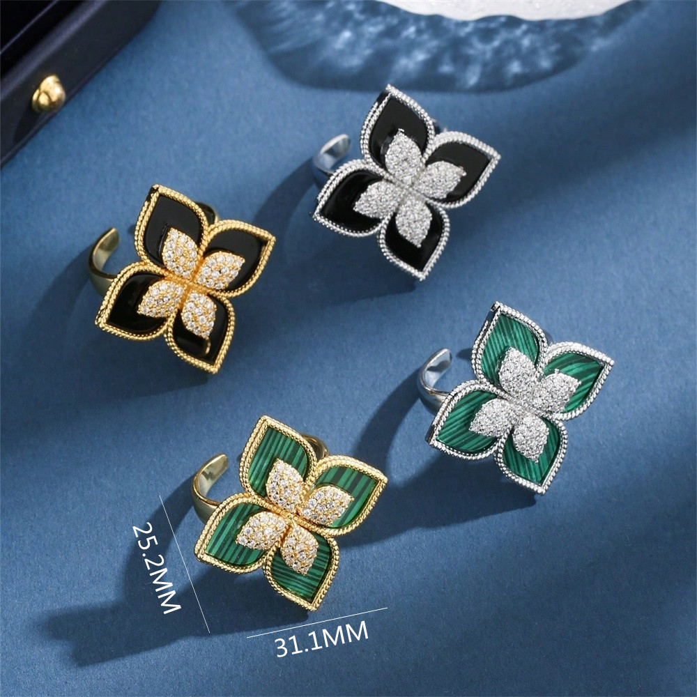 Copper 18K Gold Plated Elegant Vintage Style Lady Plating Inlay Four Leaf Clover Agate Zircon Open Rings display picture 2