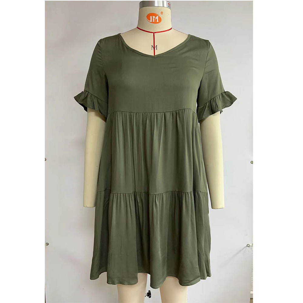 Women's A-line Skirt Casual V Neck Patchwork Lettuce Trim Short Sleeve Solid Color Knee-length Daily display picture 10
