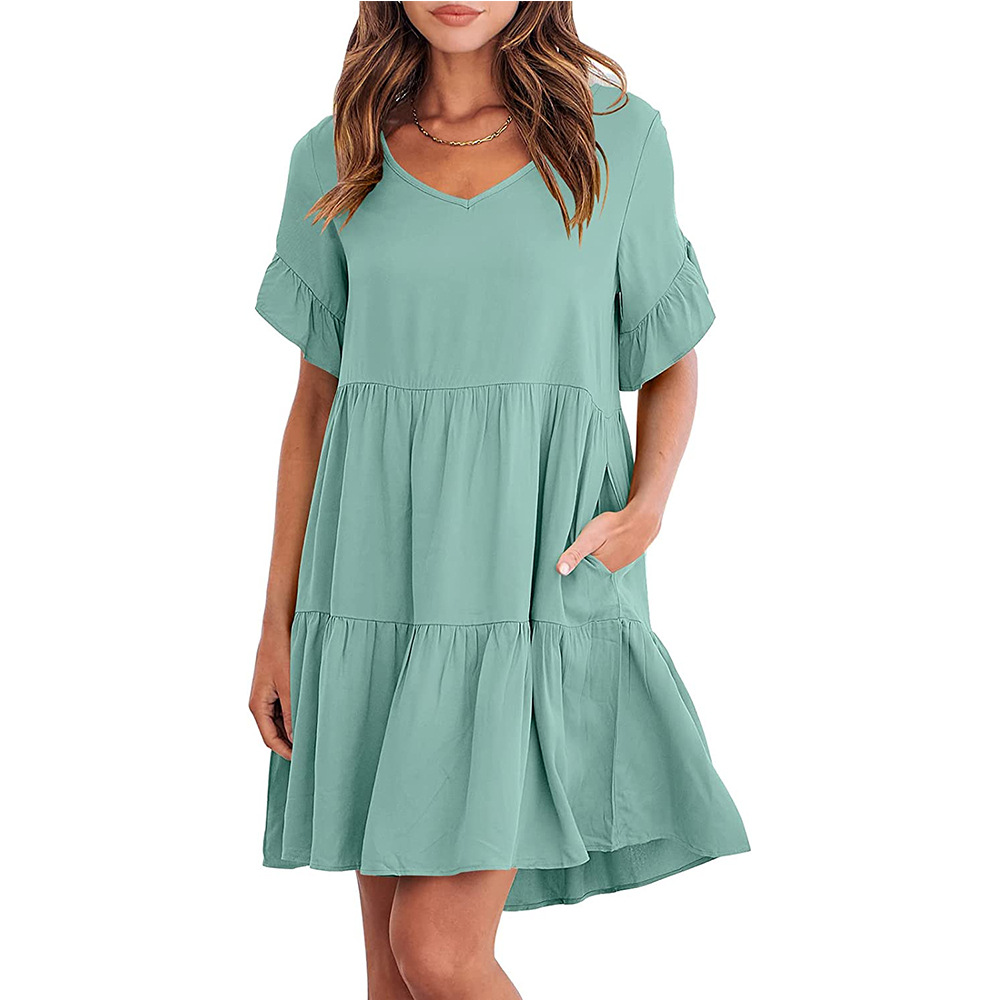 Women's A-line Skirt Casual V Neck Patchwork Lettuce Trim Short Sleeve Solid Color Knee-length Daily display picture 9