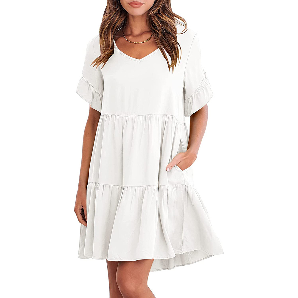 Women's A-line Skirt Casual V Neck Patchwork Lettuce Trim Short Sleeve Solid Color Knee-length Daily display picture 11