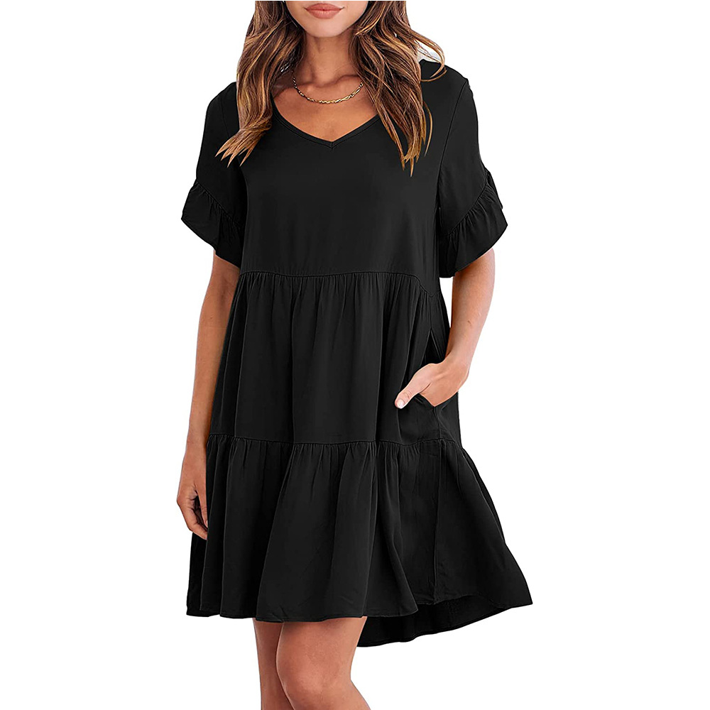 Women's A-line Skirt Casual V Neck Patchwork Lettuce Trim Short Sleeve Solid Color Knee-length Daily display picture 14