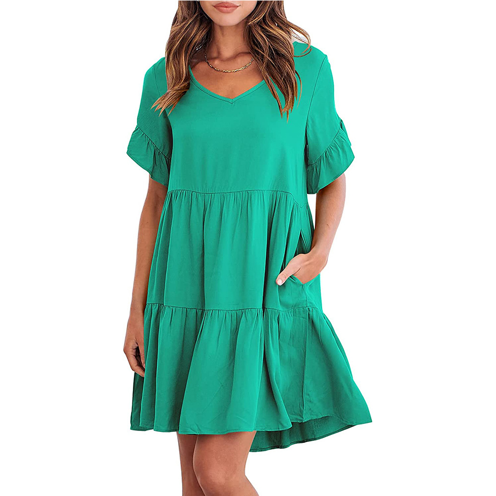 Women's A-line Skirt Casual V Neck Patchwork Lettuce Trim Short Sleeve Solid Color Knee-length Daily display picture 15