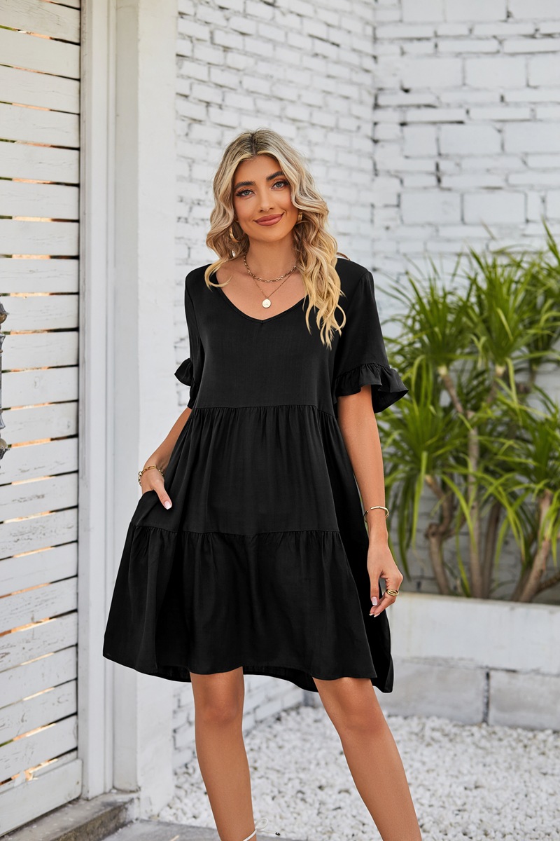 Women's A-line Skirt Casual V Neck Patchwork Lettuce Trim Short Sleeve Solid Color Knee-length Daily display picture 48