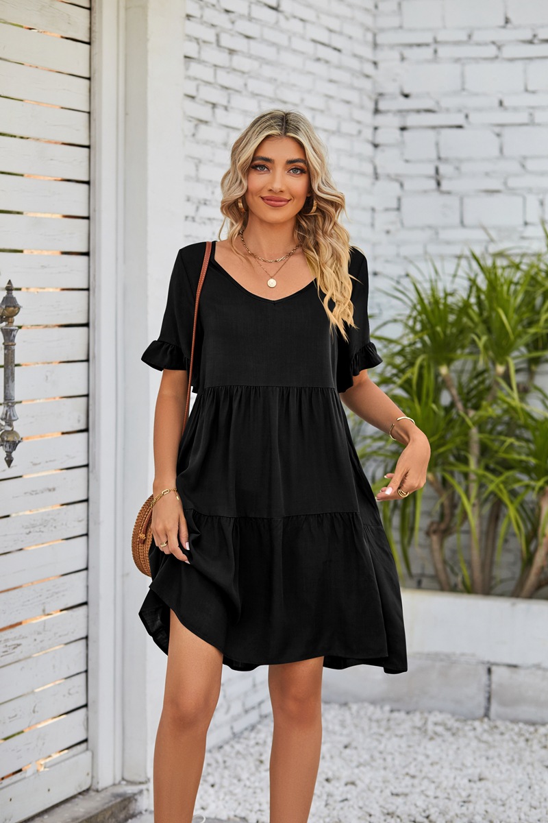 Women's A-line Skirt Casual V Neck Patchwork Lettuce Trim Short Sleeve Solid Color Knee-length Daily display picture 19