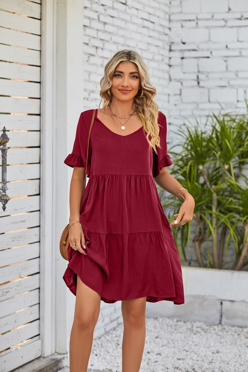 Women's A-line Skirt Casual V Neck Patchwork Lettuce Trim Short Sleeve Solid Color Knee-length Daily display picture 24