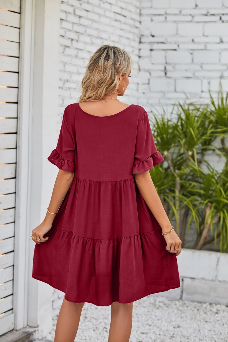 Women's A-line Skirt Casual V Neck Patchwork Lettuce Trim Short Sleeve Solid Color Knee-length Daily display picture 23