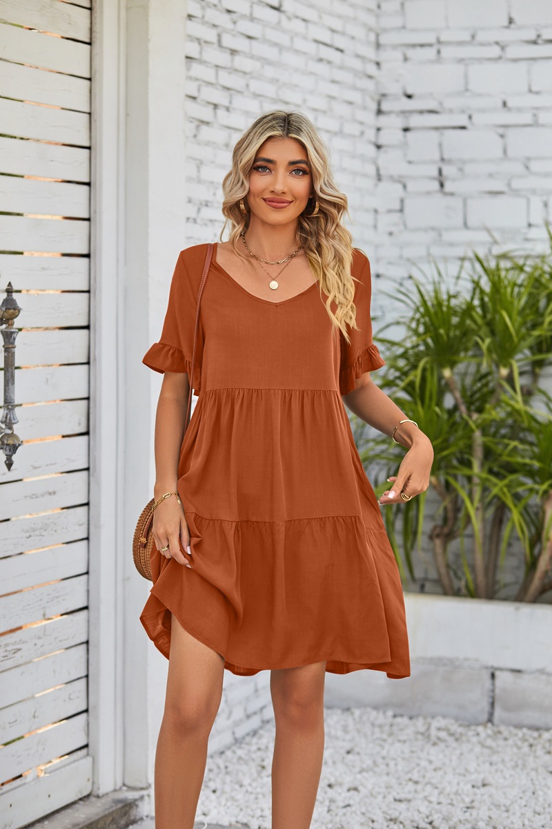 Women's A-line Skirt Casual V Neck Patchwork Lettuce Trim Short Sleeve Solid Color Knee-length Daily display picture 41