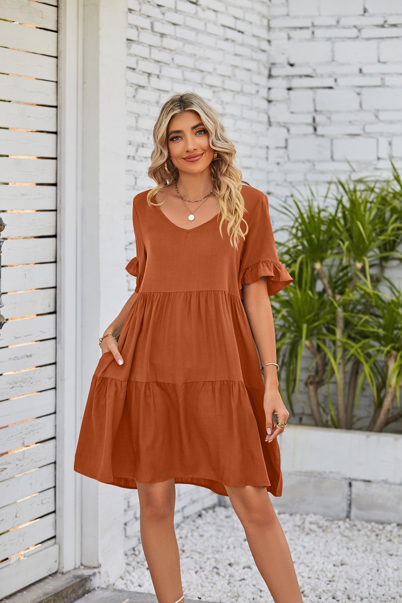 Women's A-line Skirt Casual V Neck Patchwork Lettuce Trim Short Sleeve Solid Color Knee-length Daily display picture 30