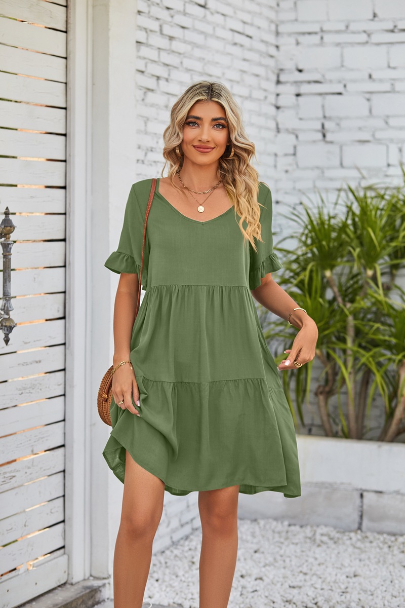 Women's A-line Skirt Casual V Neck Patchwork Lettuce Trim Short Sleeve Solid Color Knee-length Daily display picture 43