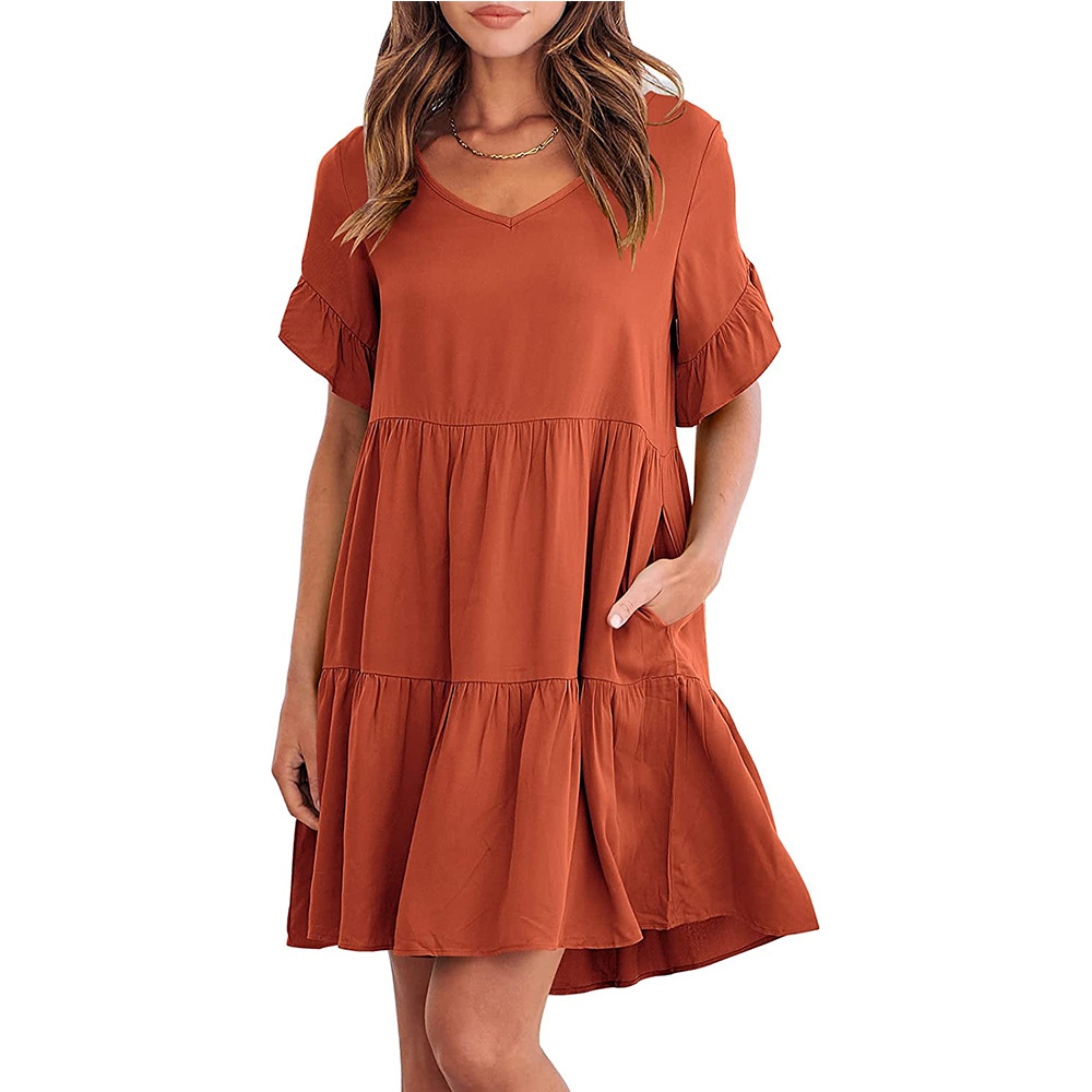 Women's A-line Skirt Casual V Neck Patchwork Lettuce Trim Short Sleeve Solid Color Knee-length Daily display picture 26