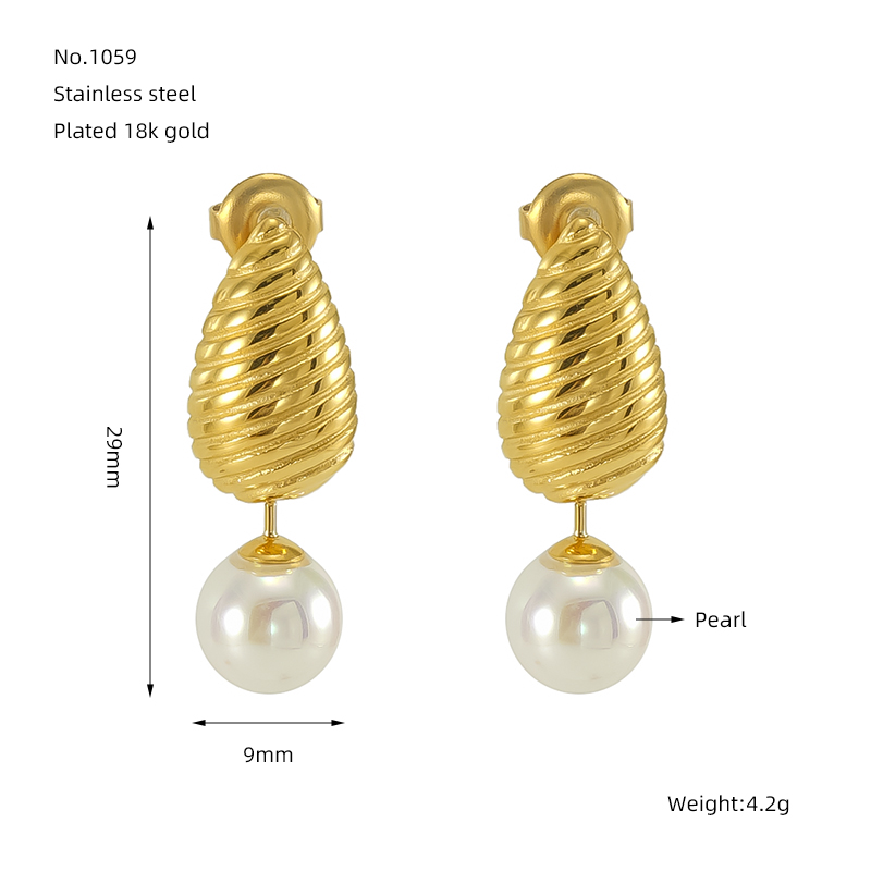 1 Pair IG Style Modern Style Classic Style Water Droplets Inlay Titanium Steel Pearl 18K Gold Plated Drop Earrings display picture 2