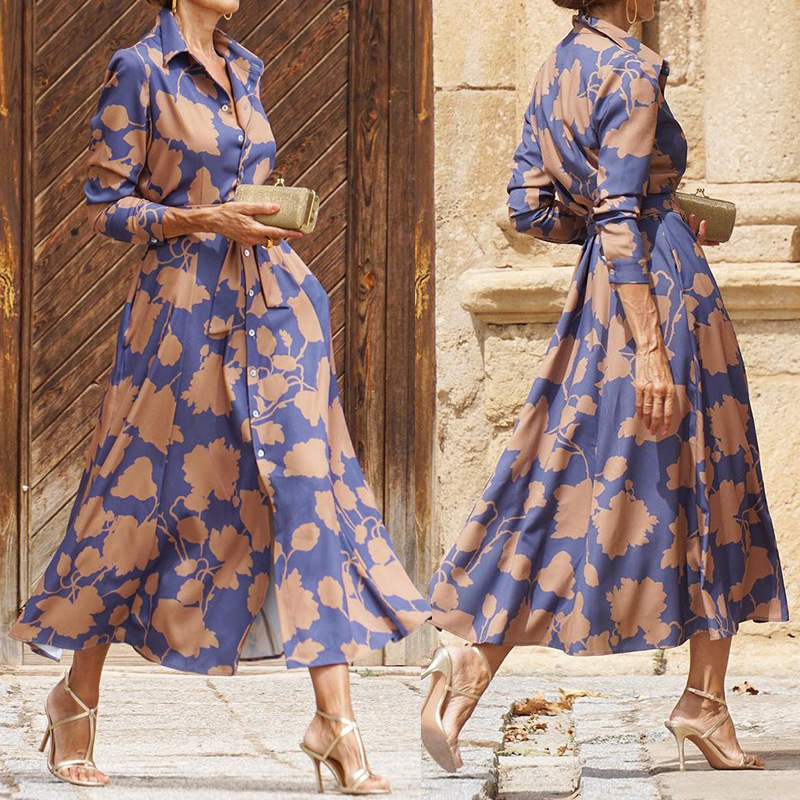 Women's Regular Dress Vacation Turndown Printing Pocket Long Sleeve Printing Maxi Long Dress Holiday Daily display picture 1