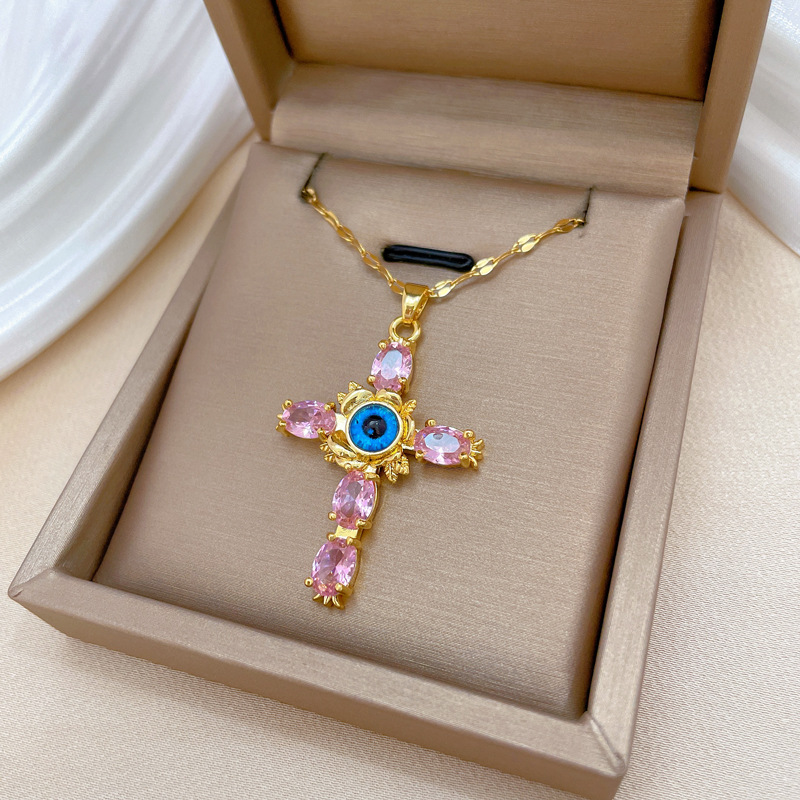 Titanium Steel Copper Elegant Lady Modern Style Inlay Cross Eye Resin Zircon Pendant Necklace display picture 5