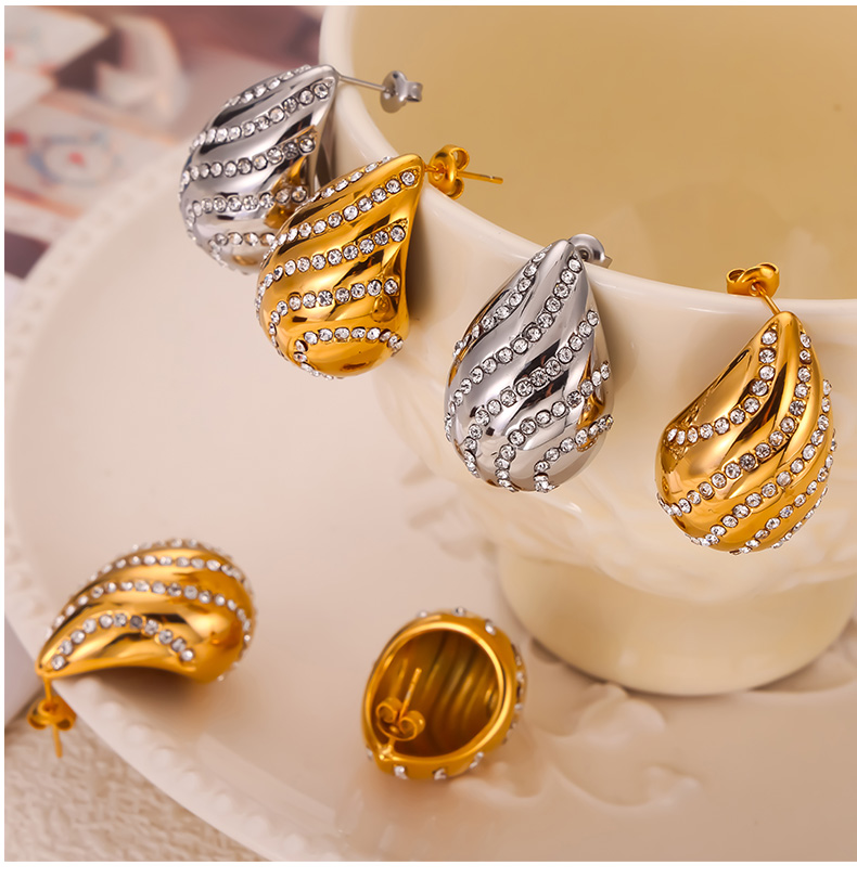 1 Pair Casual Retro Simple Style Water Droplets Plating Inlay 304 Stainless Steel Rhinestone Rhinestones 18K Gold Plated Ear Studs display picture 2