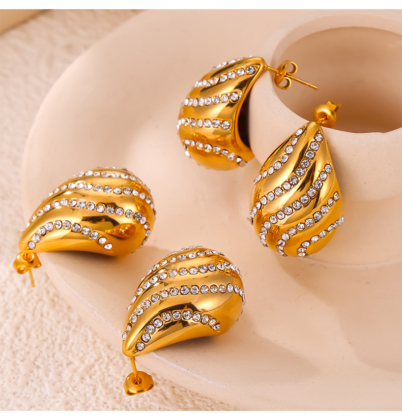 1 Pair Casual Retro Simple Style Water Droplets Plating Inlay 304 Stainless Steel Rhinestone Rhinestones 18K Gold Plated Ear Studs display picture 1
