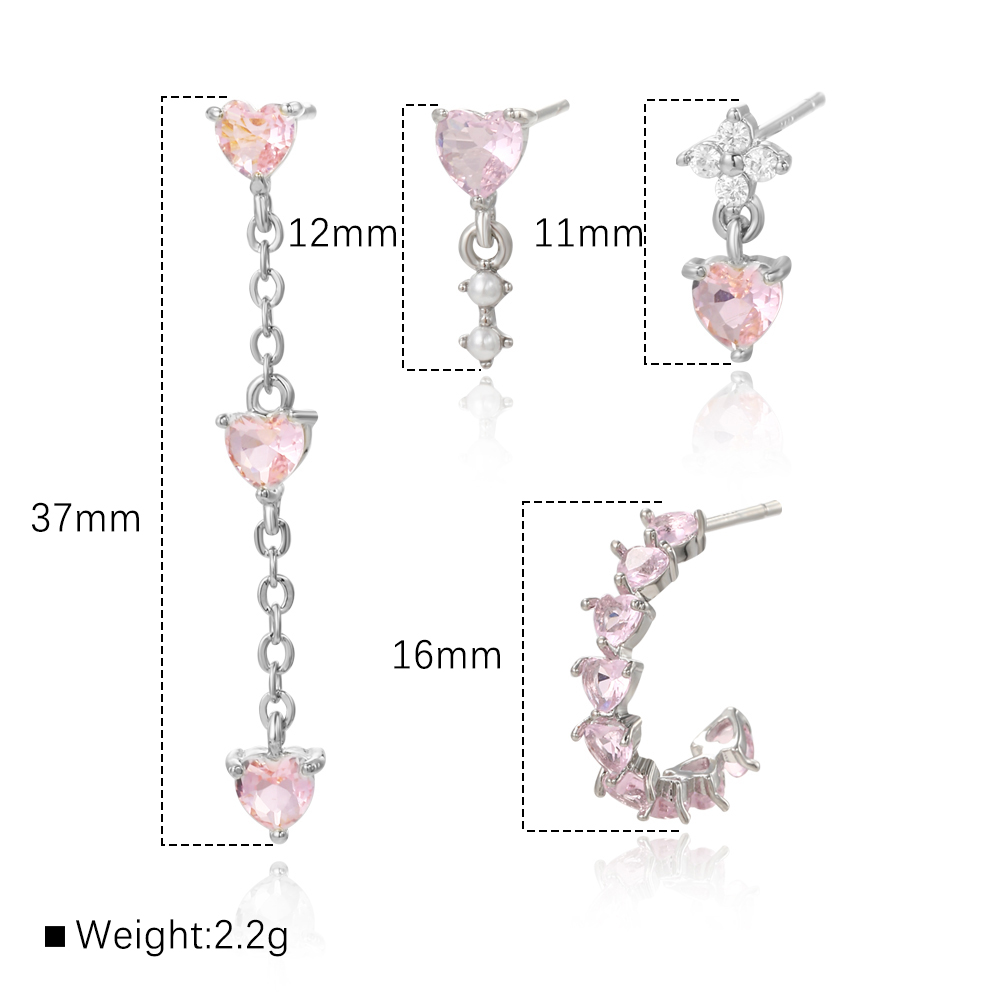 Copper 18K Gold Plated White Gold Plated IG Style Sweet Simple Style Asymmetrical Inlay Heart Shape Zircon Drop Earrings Ear Studs display picture 1
