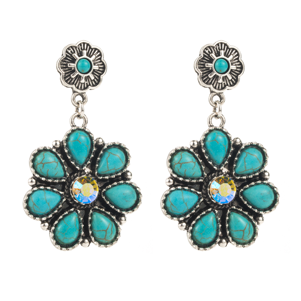 1 Pair Casual Vacation Classic Style Flower Plating Inlay Alloy Turquoise Glass Silver Plated Drop Earrings display picture 8