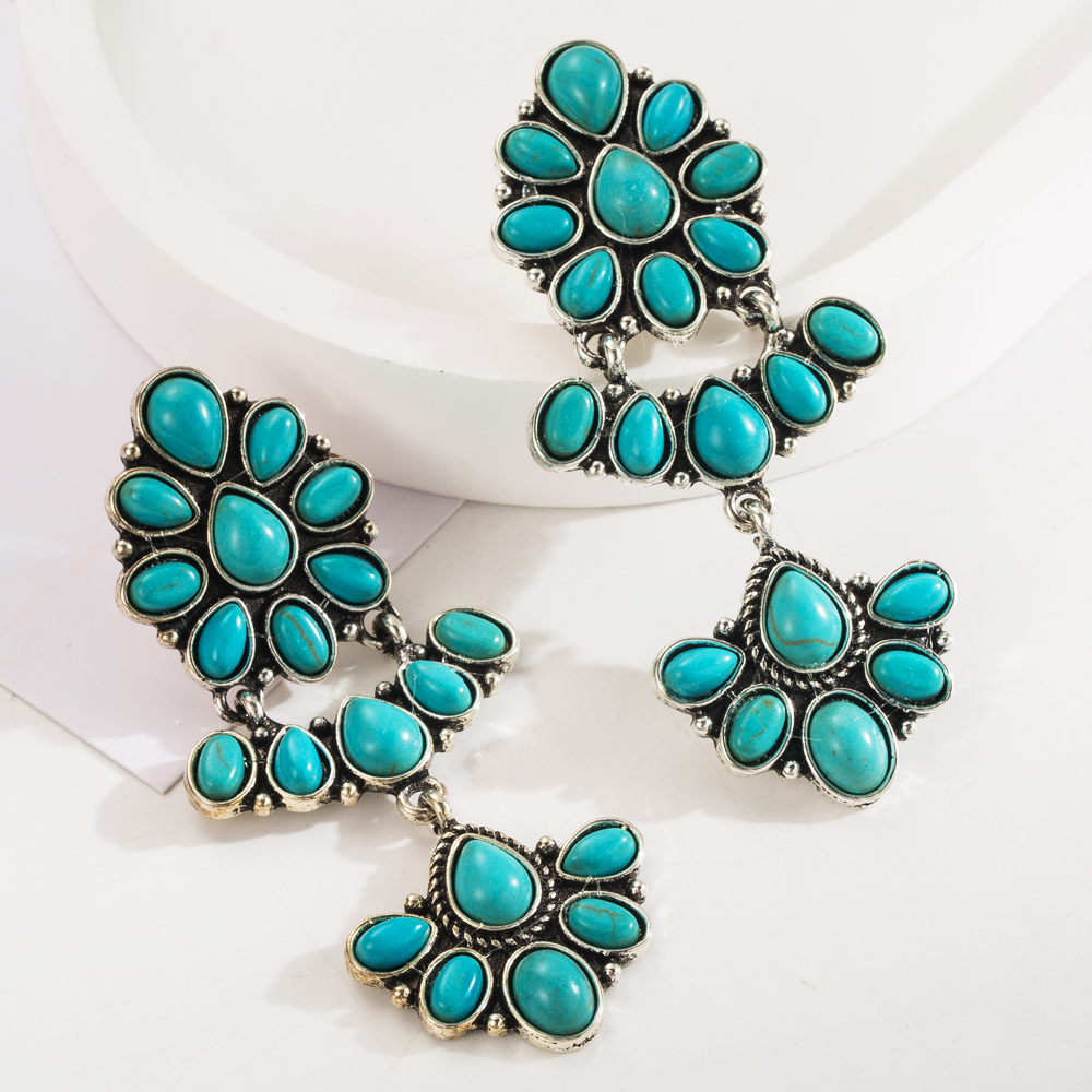 1 Pair Casual Vacation Classic Style Flower Plating Inlay Alloy Turquoise Glass Silver Plated Drop Earrings display picture 4